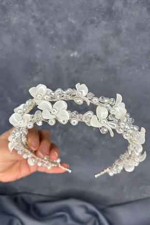 Meleni Sedefli Kristalli Gelin Tacı Saç Aksesuarı