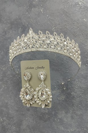 Mia Model Gelin Tacı Ve Damla Mekik Taşlı Küpe