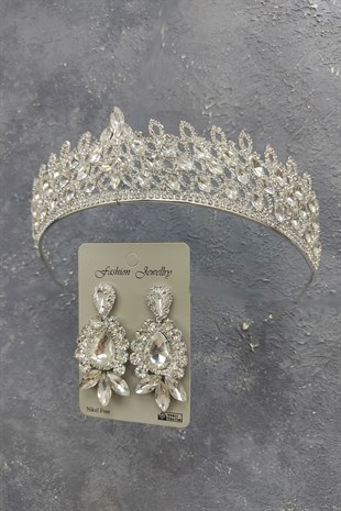 Mia Model Bridal Crown And Stud Earrings With Drop Stone