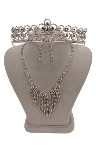 Mia Taşlı Abiye Kolye Küpe Seti Ve Çiçek Gelin Tacı 