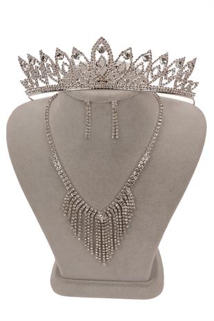 Mia Taşlı Abiye Kolye Küpe Seti Ve Çiçek İnce Yaprak Gelin Tacı