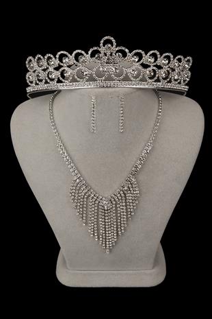 Mia Taşlı Abiye Kolye Küpe Seti Ve Çiçek Gelin Tacı 