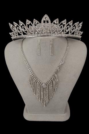 Mia Taşlı Abiye Kolye Küpe Seti Ve Çiçek İnce Yaprak Gelin Tacı