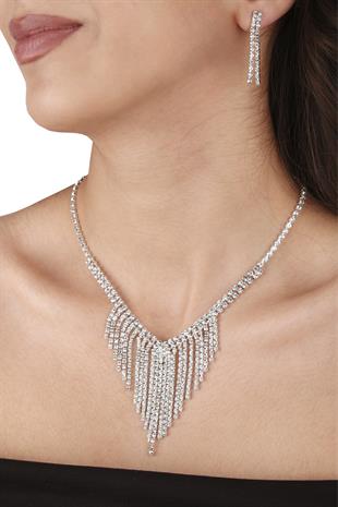 Mia Taşlı Abiye Kolye Küpe Seti Ve Çiçek Gelin Tacı 