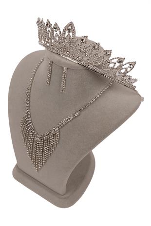 Mia Taşlı Abiye Kolye Küpe Seti Ve Çiçek İnce Yaprak Gelin Tacı