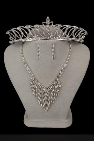 Mia Taşlı Abiye Kolye Küpe Seti Ve Lale Gelin Tacı