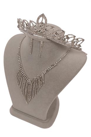 Mia Taşlı Sallantılı Abiye Kolye Küpe Seti Ve Yaprak Gelin Tacı 