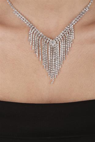 Mia Taşlı Sallantılı Abiye Kolye Küpe Seti Ve Yaprak Gelin Tacı 