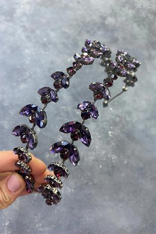 Mor Alfa Mekik Cam Kristal Taşlı Gelin Kına Tacı