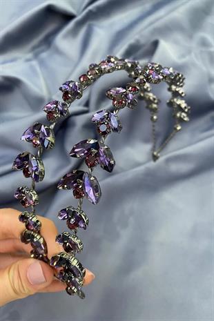 Mor Alfa Mekik Cam Kristal Taşlı Gelin Kına Tacı