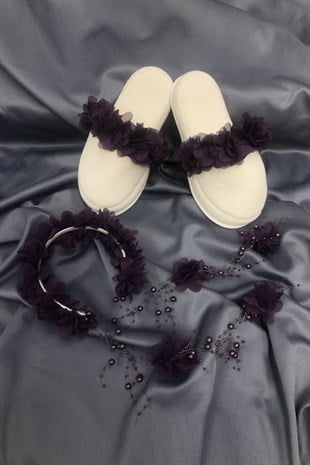 Purple Flowered Postpartum Slippers and Crown with Pearls