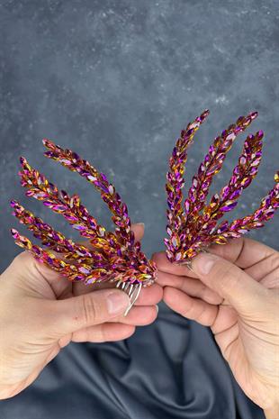 Mor Çift Taraflı Tarak Büge Gelin Saç Aksesuarı