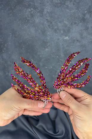 Mor Çift Taraflı Tarak Büge Gelin Saç Aksesuarı