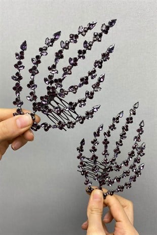 Mor Çift Taraflı Yaprak Desenli Saç Aksesuarı Kına Tacı