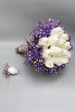 Mor Cipsolu Islak Beyaz Laleli Gelin Çiçeği ve Damat Yaka Çiçeği