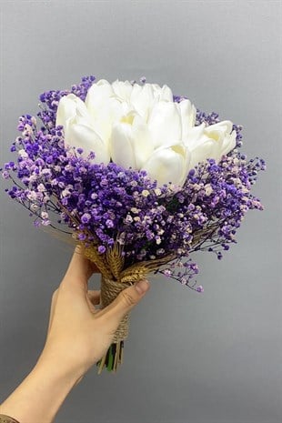 Mor Cipsolu Islak Beyaz Laleli Gelin Çiçeği ve Damat Yaka Çiçeği