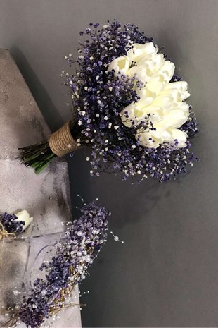 Mor Cipsolu ve Islak Laleli Gelin Buketi