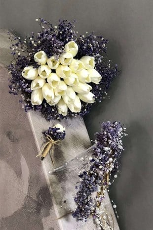 Mor Cipsolu ve Islak Laleli Gelin Buketi