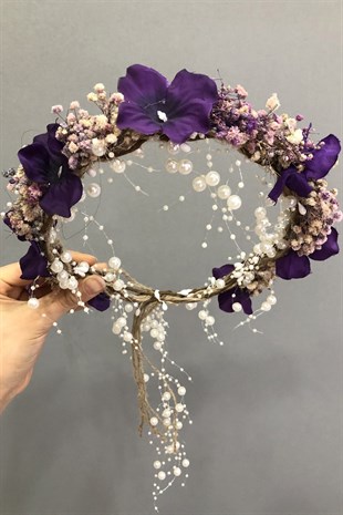 Mor Cipsolu ve Ortancalı Kuru Çiçekli Taç