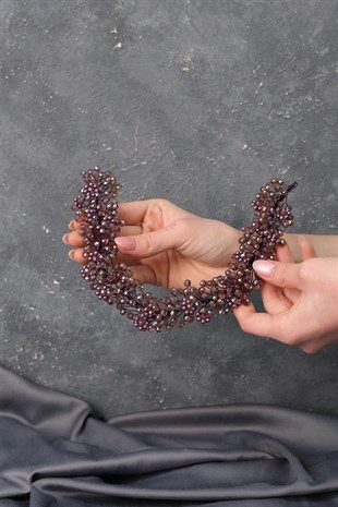 Mor Duru Boncuklu Gelin Tacı Saç ve Türban Aksesuarı