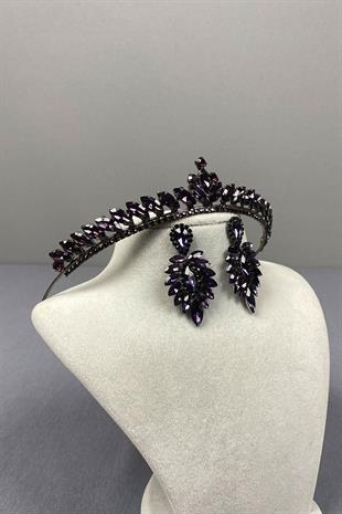 Purple Ece Bridal Henna Crown and Drop Shuttle Stone Earring Set