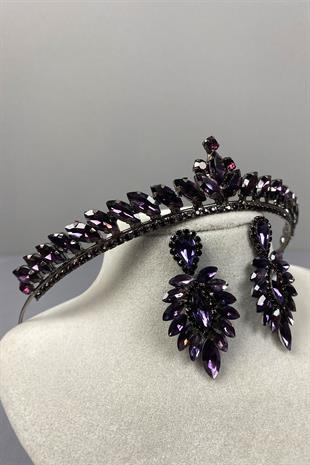 Purple Ece Bridal Henna Crown and Drop Shuttle Stone Earring Set
