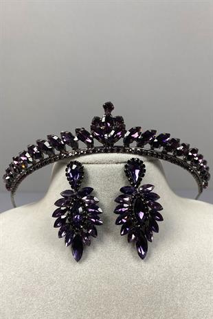Purple Ece Bridal Henna Crown and Drop Shuttle Stone Earring Set