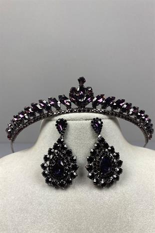 Purple Ece Bridal Henna Crown and Drop Stone Earring Set