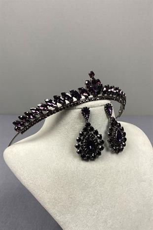 Purple Ece Bridal Henna Crown and Fine Shuttle Stone Earring Set