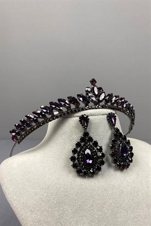 Purple Ece Bridal Henna Crown and Fine Shuttle Stone Earring Set