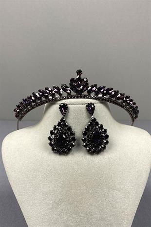 Purple Ece Bridal Henna Crown and Fine Shuttle Stone Earring Set