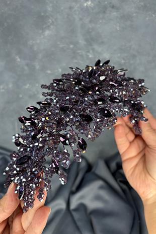 Mor Elena Yoğun Boncuk İşlemeli Gelin Tacı Saç Ve Türban Aksesuarı