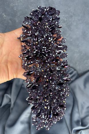 Mor Elena Yoğun Boncuk İşlemeli Gelin Tacı Saç Ve Türban Aksesuarı