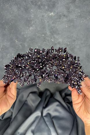 Mor Elena Yoğun Boncuk İşlemeli Gelin Tacı Saç Ve Türban Aksesuarı