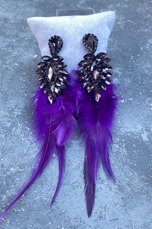 Mor En Şık Tüylü Özel Davet Düğün Abiye Küpe