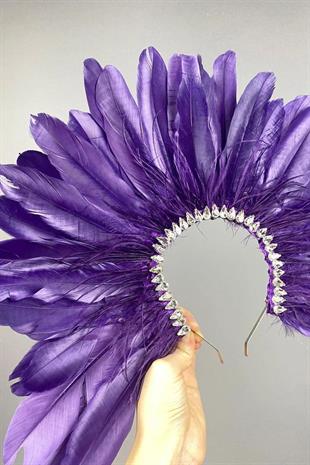 Mor Enda Tüylü Taşlı Gelin Kına Tacı Aksesuar