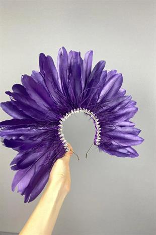 Mor Enda Tüylü Taşlı Gelin Kına Tacı Aksesuar