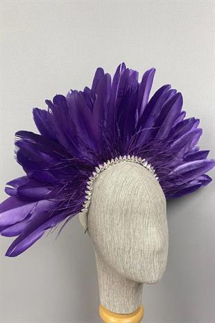 Mor Enda Tüylü Taşlı Gelin Kına Tacı Aksesuar