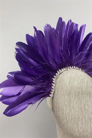 Mor Enda Tüylü Taşlı Gelin Kına Tacı Aksesuar