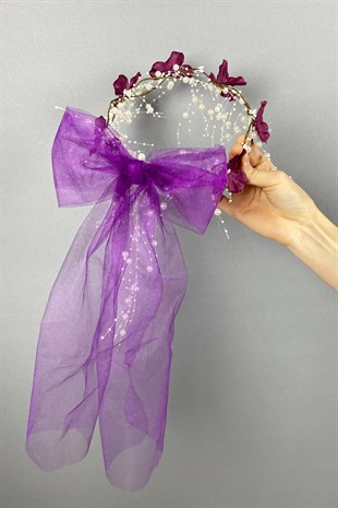 Mor Fiyonklu Ortanca Çiçekli Özel Gelin Kına Tacı