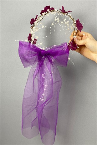 Mor Fiyonklu Ortanca Çiçekli Özel Gelin Kına Tacı