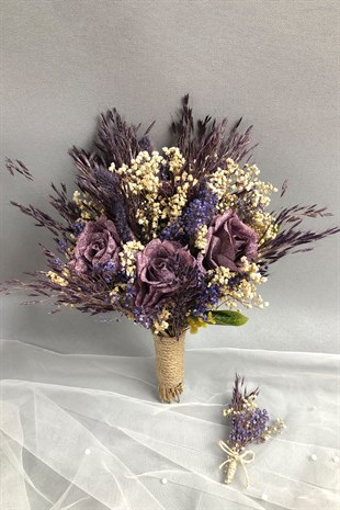 Mor Gelin Buketi ve Damat Yaka Çiçeği