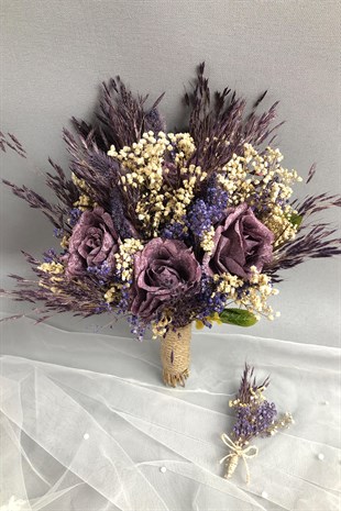 Mor Gelin Buketi ve Damat Yaka Çiçeği