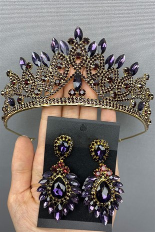 Purple Gold Bridal Henna Tiara and Earring