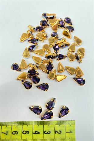 Mor Gold Zeminli Dikme Parlak Cam Damla Boncuk 10 Adet