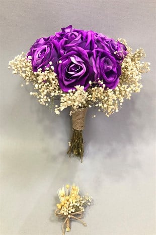 Mor Güllü Cipsolu Gelin Buketi