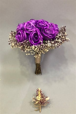 Mor Güllü Mürdüm Cipsolu Gelin Buketi