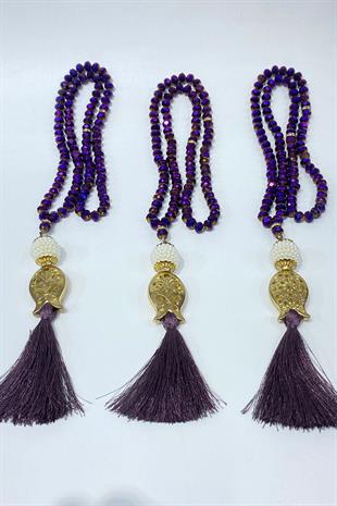 Mor Hediyelik Laleli Püsküllü Kristal Boncuklu 99 Lu Namaz Tesbihi ( Mevlüt-sünnet-hac-umre)