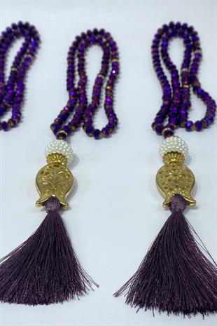 Mor Hediyelik Laleli Püsküllü Kristal Boncuklu 99 Lu Namaz Tesbihi ( Mevlüt-sünnet-hac-umre)