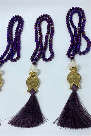 Mor Hediyelik Laleli Püsküllü Kristal Boncuklu 99 Lu Namaz Tesbihi ( Mevlüt-sünnet-hac-umre)